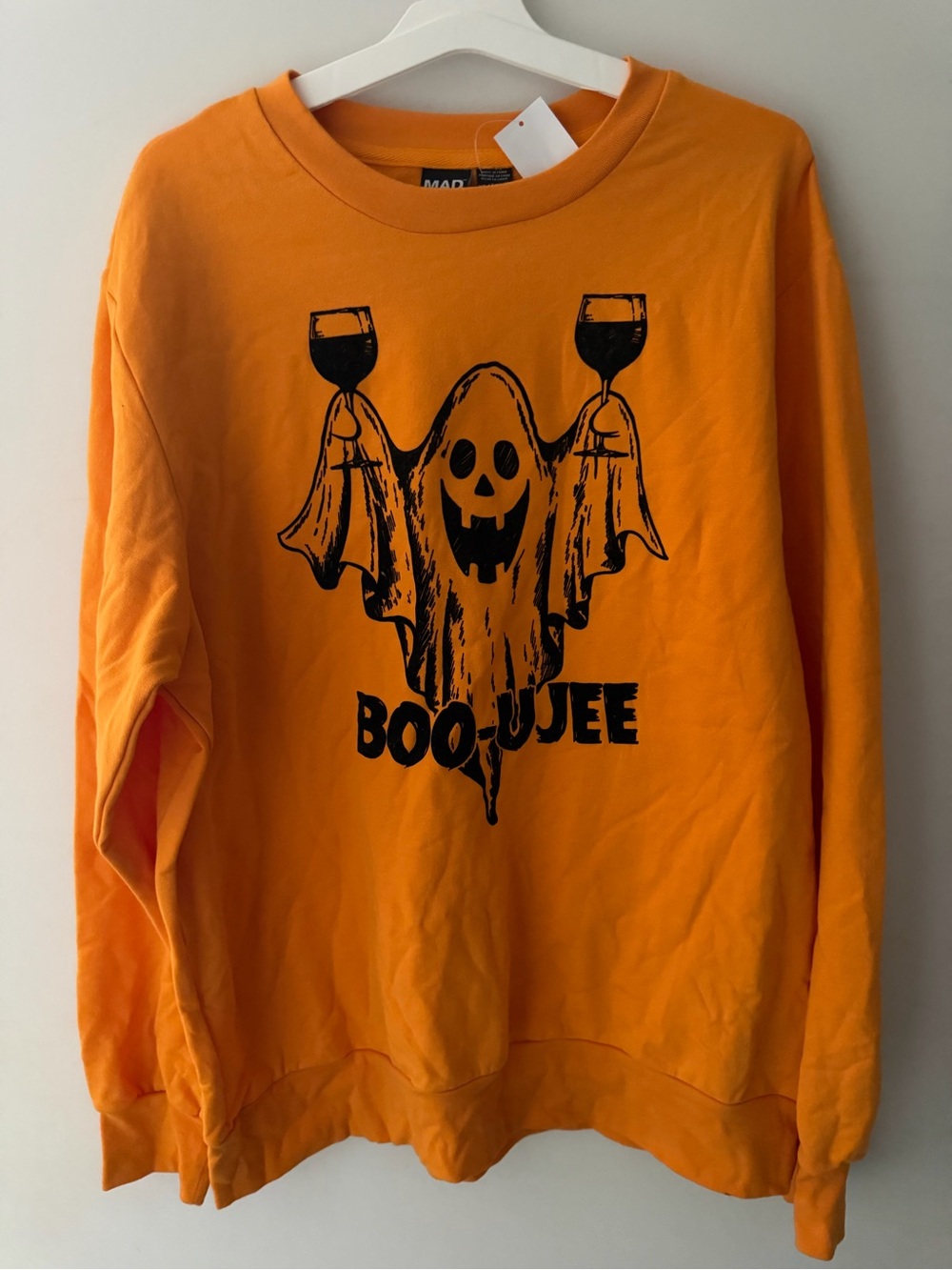 MAD Engine Orange Crewneck with Black Halloween Ghost Graphic size L or XL, NEW!